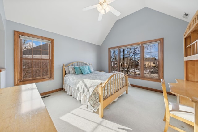 bedroom featuring baseboards, visible vents, vaulted ceiling, and light colored carpet