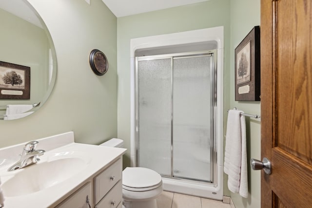 bathroom with toilet, tile patterned floors, a shower stall, and vanity