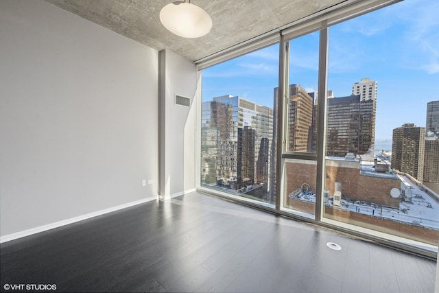 unfurnished room featuring expansive windows, a city view, baseboards, and wood finished floors