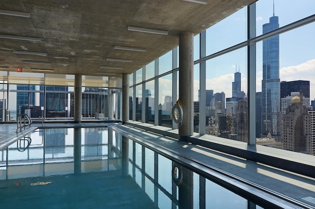 community pool with a city view