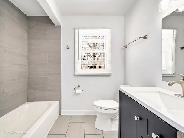 full bathroom featuring shower / bath combination, vanity, toilet, and baseboards