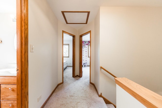 7914 S Garfield Ave, Burr Ridge, IL 60527 - hall featuring an upstairs landing, light colored carpet, and attic access