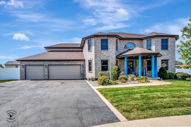 view of front of home with a garage, a porch, and a front lawn