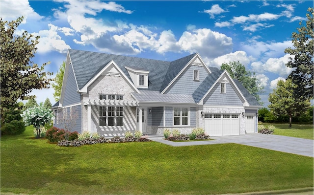 view of front of house with concrete driveway, a front lawn, and a shingled roof