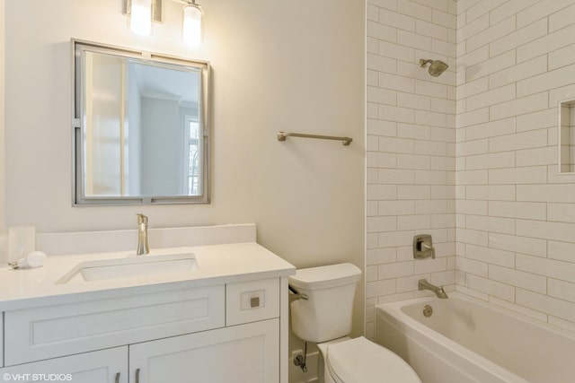 full bath featuring bathtub / shower combination, vanity, and toilet