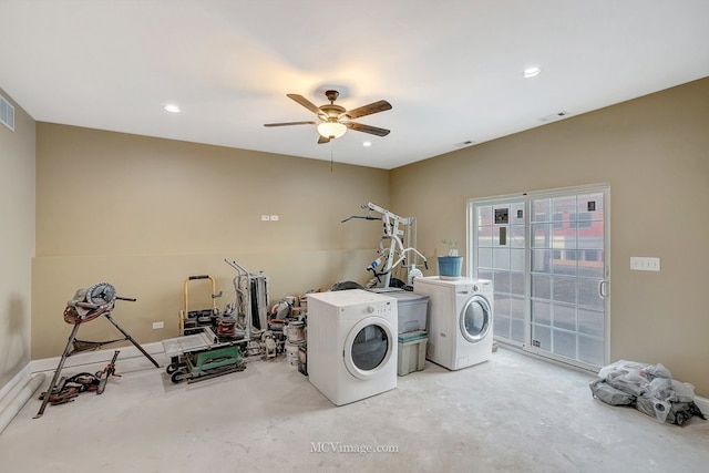 clothes washing area with recessed lighting, ceiling fan, visible vents, and washing machine and clothes dryer