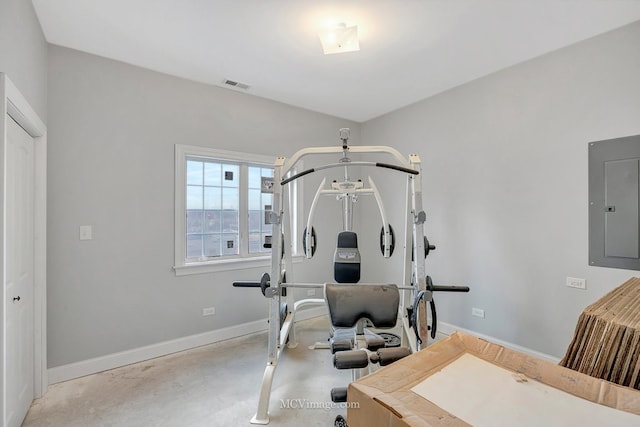 workout area with electric panel, visible vents, and baseboards