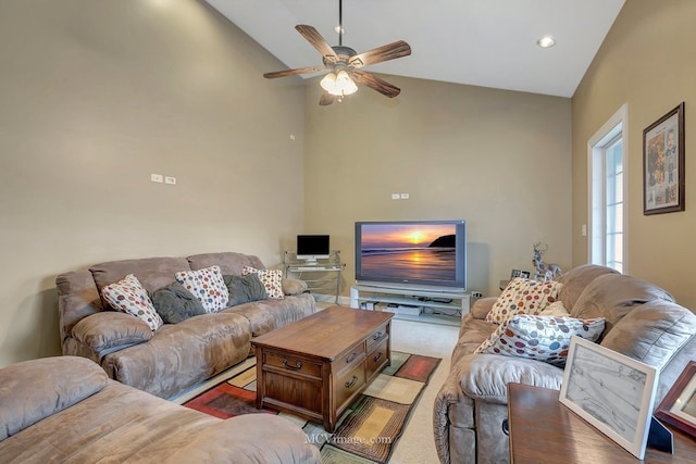 living area with ceiling fan, high vaulted ceiling, carpet, and recessed lighting