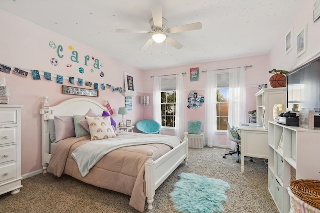 bedroom featuring carpet and ceiling fan