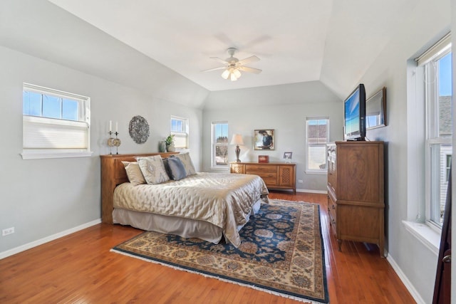 bedroom featuring multiple windows, baseboards, and wood finished floors