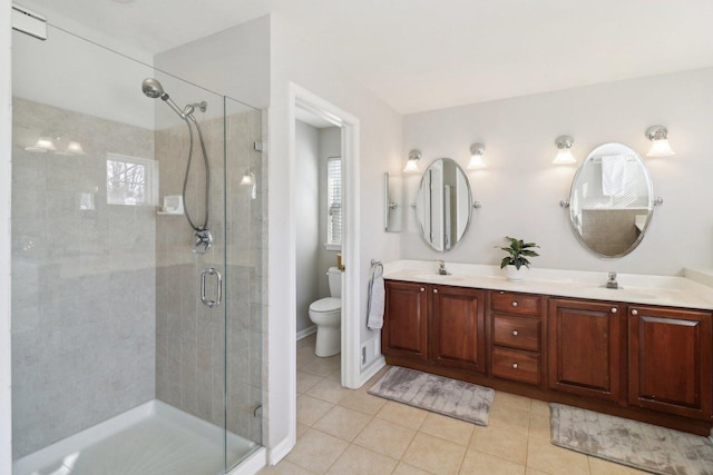 bathroom featuring double vanity, a wealth of natural light, a shower stall, and a sink