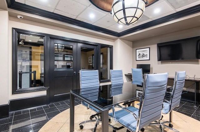 home office featuring a paneled ceiling, dark tile patterned floors, crown molding, and recessed lighting