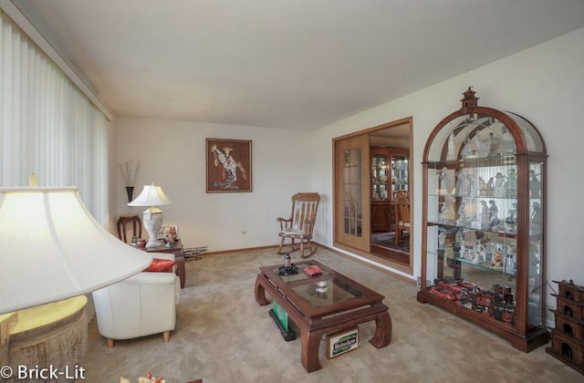 living area with carpet and baseboards