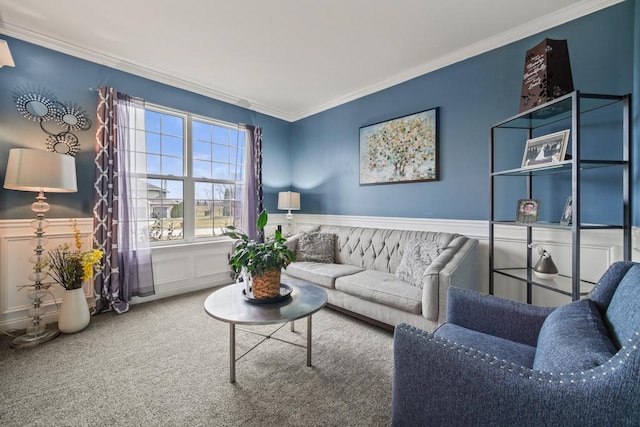 carpeted living room with crown molding