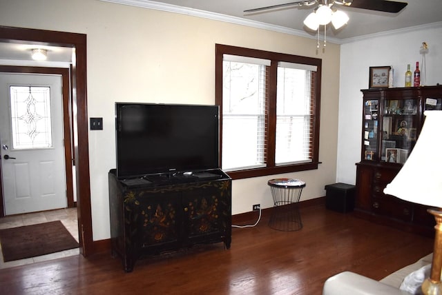 living room featuring a ceiling fan, a wealth of natural light, crown molding, and wood finished floors