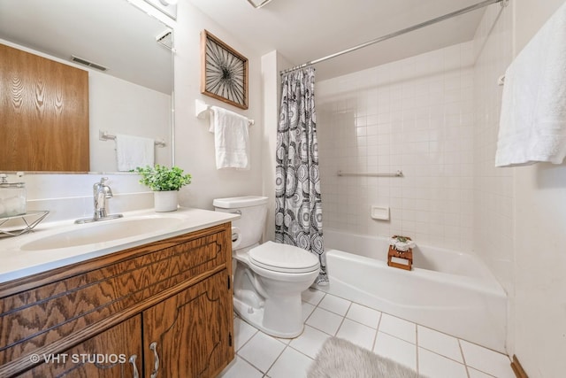 full bath featuring toilet, visible vents, vanity, tile patterned floors, and shower / bathtub combination with curtain