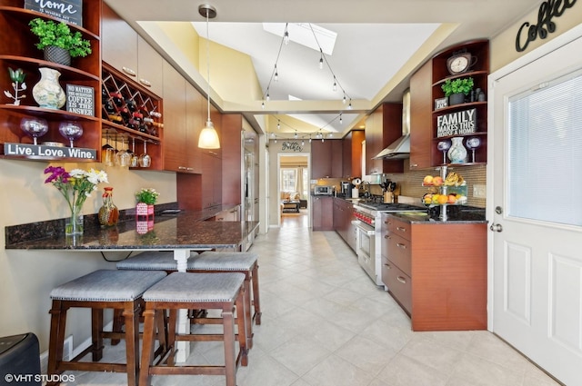 kitchen featuring hanging light fixtures, a peninsula, vaulted ceiling, stainless steel appliances, and open shelves