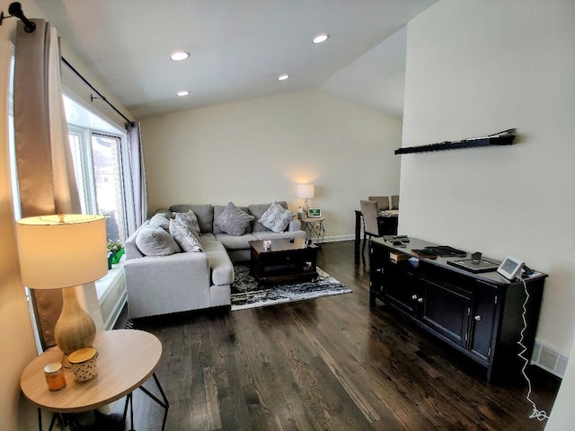 living room featuring visible vents, recessed lighting, wood finished floors, and vaulted ceiling