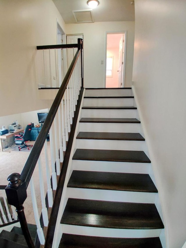 stairs featuring carpet flooring