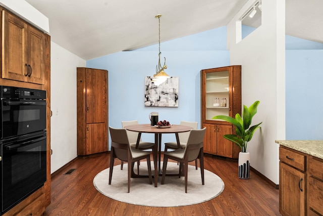 dining room featuring lofted ceiling, baseboards, dark wood-style flooring, and track lighting