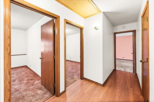 hallway featuring carpet floors, a textured ceiling, baseboards, and wood finished floors