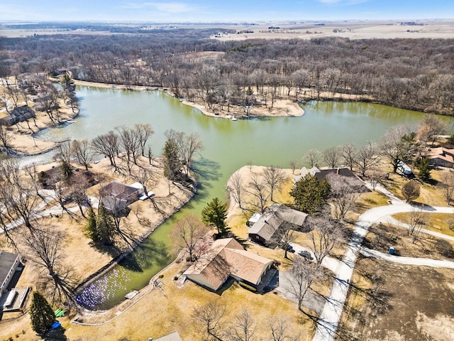 aerial view featuring a wooded view and a water view