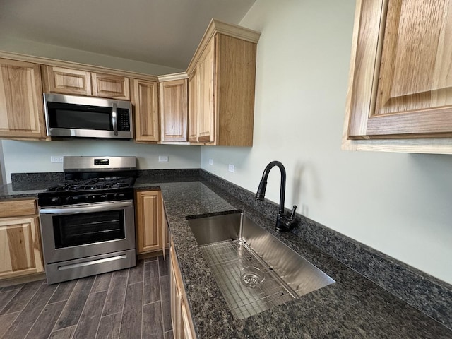 kitchen featuring dark wood-style floors, dark stone counters, stainless steel appliances, and a sink