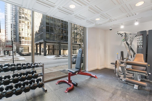 exercise room with rail lighting and baseboards