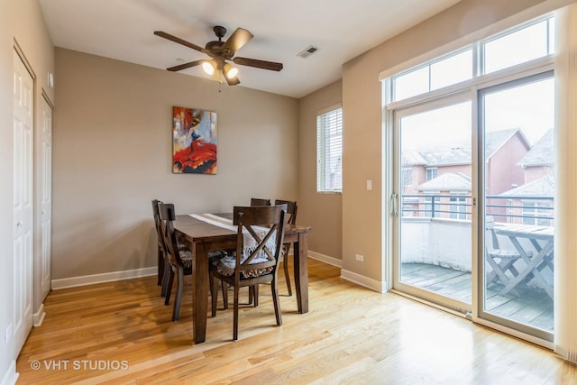 dining area featuring visible vents, ceiling fan, light wood-style flooring, and baseboards