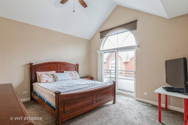 bedroom with carpet flooring, a ceiling fan, visible vents, baseboards, and access to outside