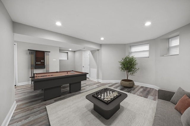 recreation room with pool table and dark hardwood / wood-style floors