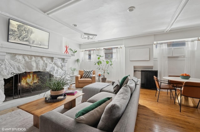 living area featuring wood finished floors, radiator, and a premium fireplace