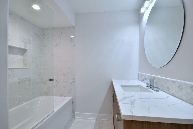 bathroom with shower / tub combination, recessed lighting, vanity, baseboards, and marble finish floor