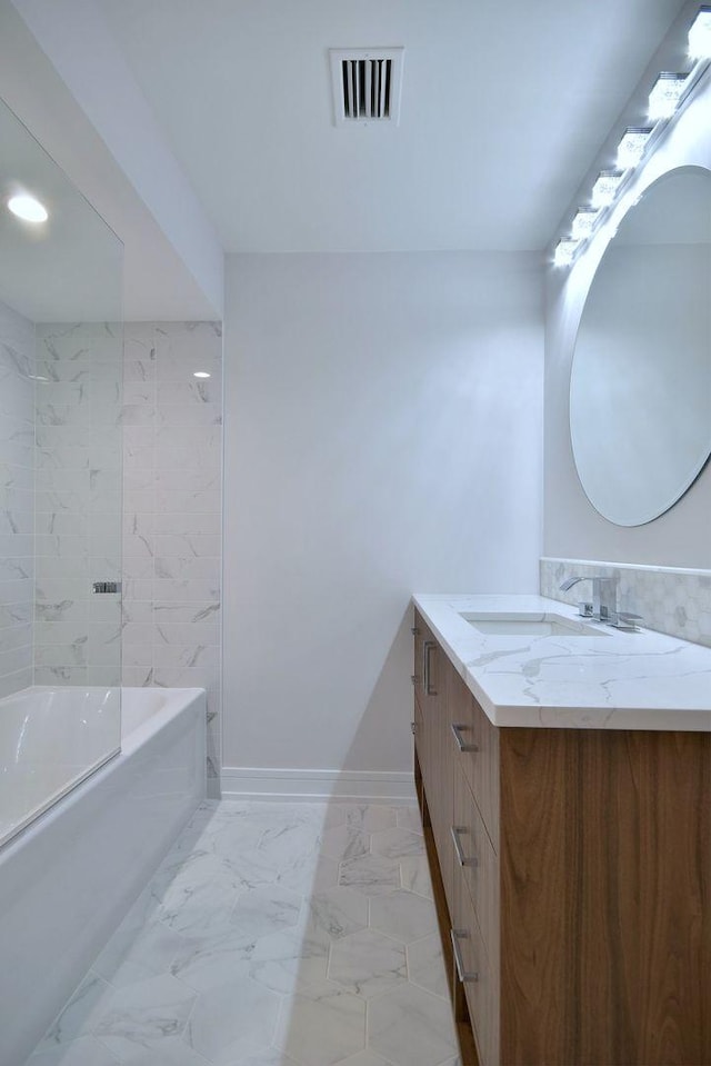 full bath with recessed lighting, vanity, visible vents, baseboards, and marble finish floor