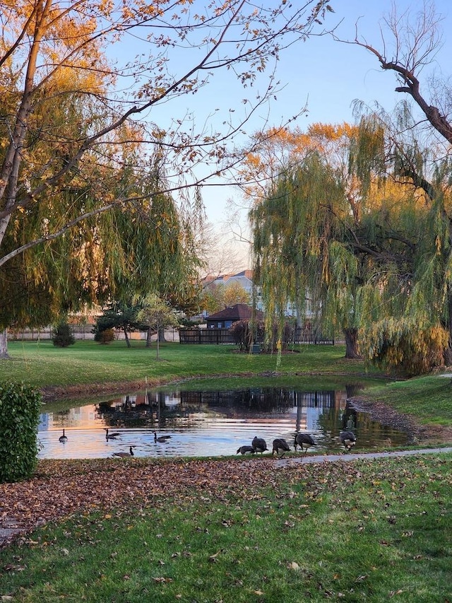 view of property's community with a yard and a water view