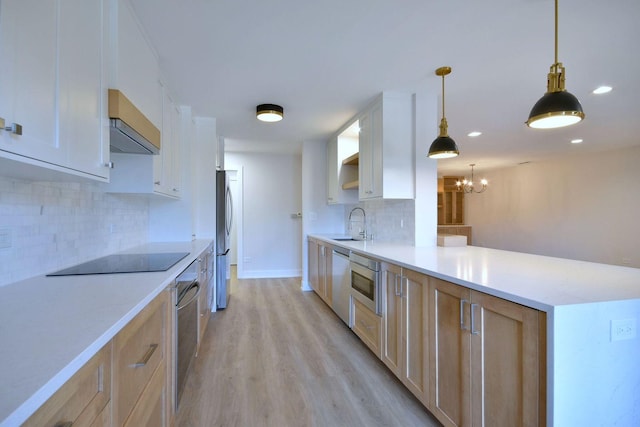 kitchen featuring black electric stovetop, a sink, light wood-style floors, ventilation hood, and freestanding refrigerator