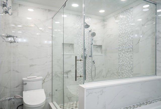 full bath featuring recessed lighting, a marble finish shower, toilet, and crown molding