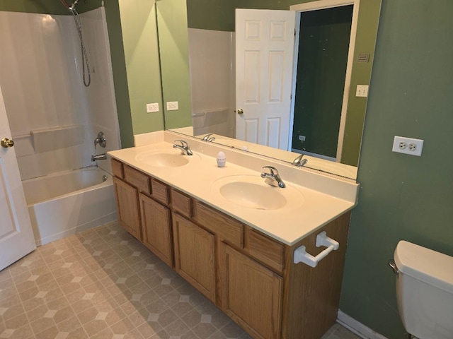 full bathroom with washtub / shower combination, toilet, and vanity