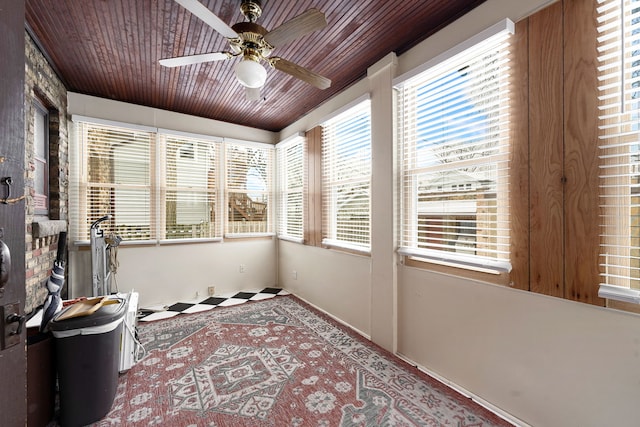 sunroom / solarium featuring ceiling fan and wood ceiling