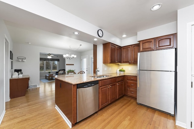 kitchen with stainless steel appliances, a peninsula, pendant lighting, light wood-style floors, and a sink