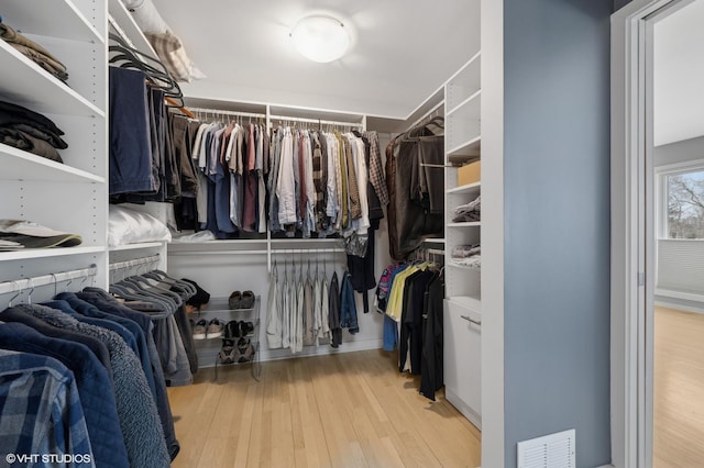 spacious closet with light wood finished floors and visible vents