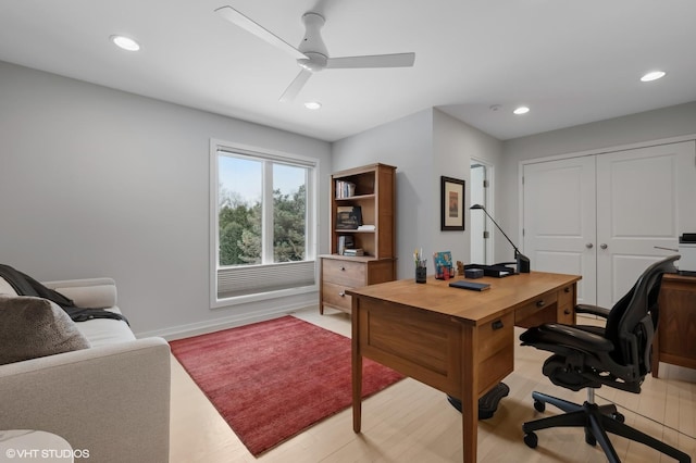 office with a ceiling fan, recessed lighting, and baseboards