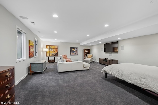 bedroom featuring recessed lighting, visible vents, dark carpet, and baseboards