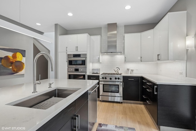 kitchen featuring stainless steel appliances, a sink, white cabinets, wall chimney range hood, and dark cabinetry