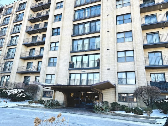 view of snow covered building