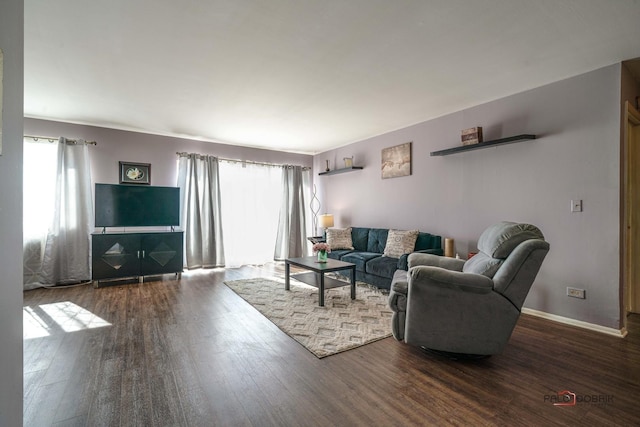 living area featuring baseboards and wood finished floors