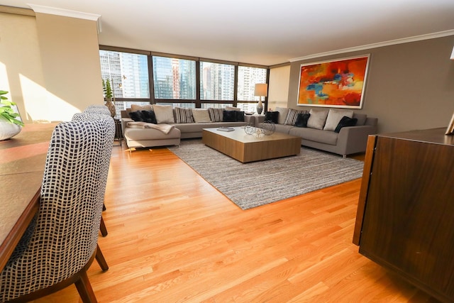 living room with light hardwood / wood-style flooring, crown molding, and expansive windows