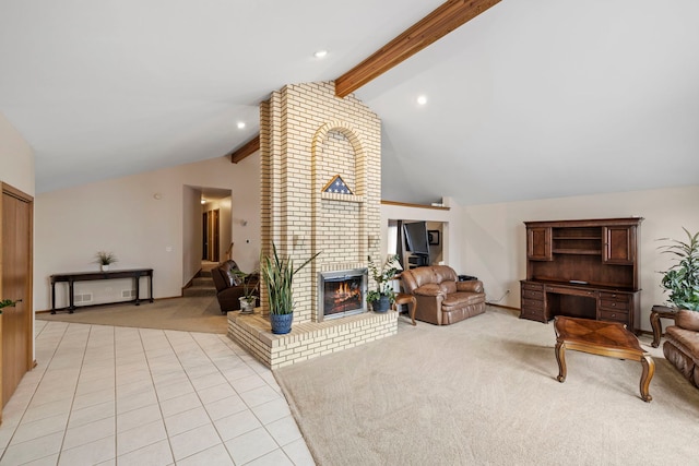 living room with light carpet, high vaulted ceiling, a brick fireplace, and beam ceiling