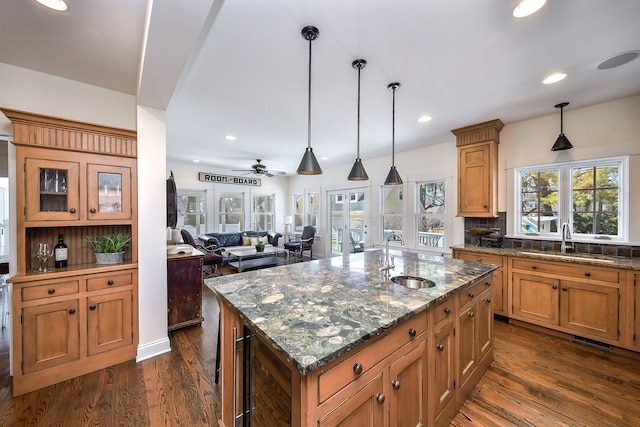 kitchen featuring hanging light fixtures, dark wood finished floors, and a sink