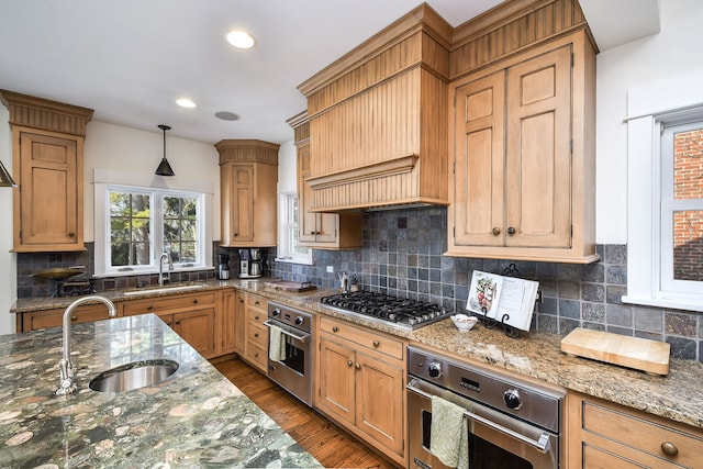 kitchen featuring dark stone counters, stainless steel appliances, a sink, and dark wood finished floors